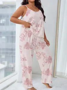 【Plus Size】 Landscape Print Cami Top & Elastic Waist Pants Pyjama Two-piece Set, Casual Comfy Spaghetti Strap Camisole & Trousers PJ Set, Women's Sleepwear for Summer, Loungewear, Womenswear