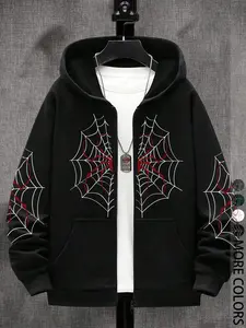 Teen Boys Spider Print Hooded Jacket, Casual Street Style, Loose Fit, Fall & Winter Fashion, Graphic Design, Outdoor Wear