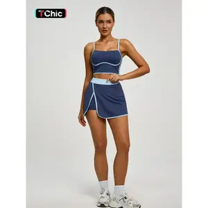 Women's Tennis Set with Built-In Bra Pad Short Top & Sports Skirt with Pockets, Contrast Binding Design Sportswear, Workout Set, Workout Running Outfits
