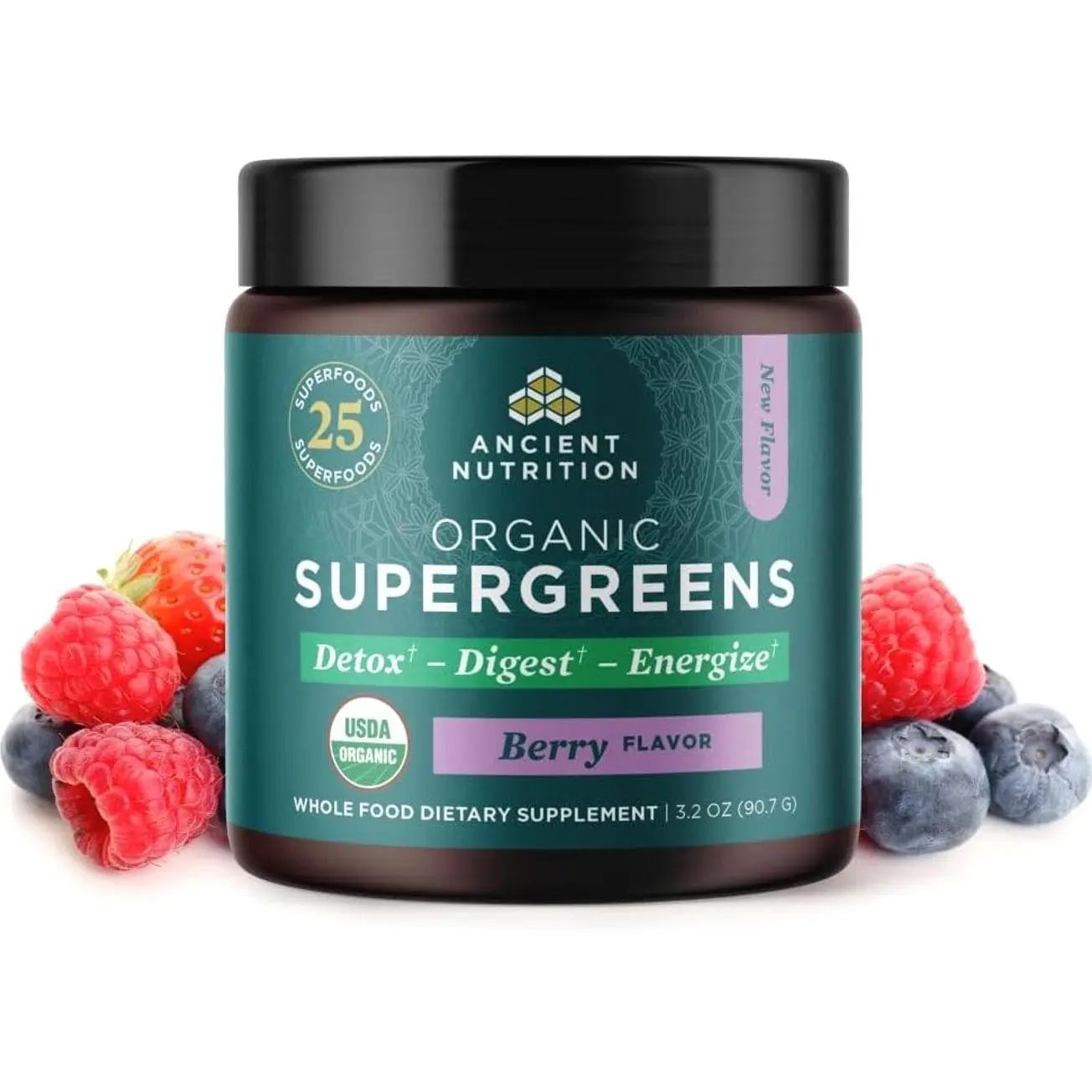 Ancient Nutrition SuperGreens Powder with Probiotics, Organic Berry Flavor Greens, Made from Real Fruits, Vegetables and Herbs, Digestive and Energy Support, 12 Servings, 3.2oz
