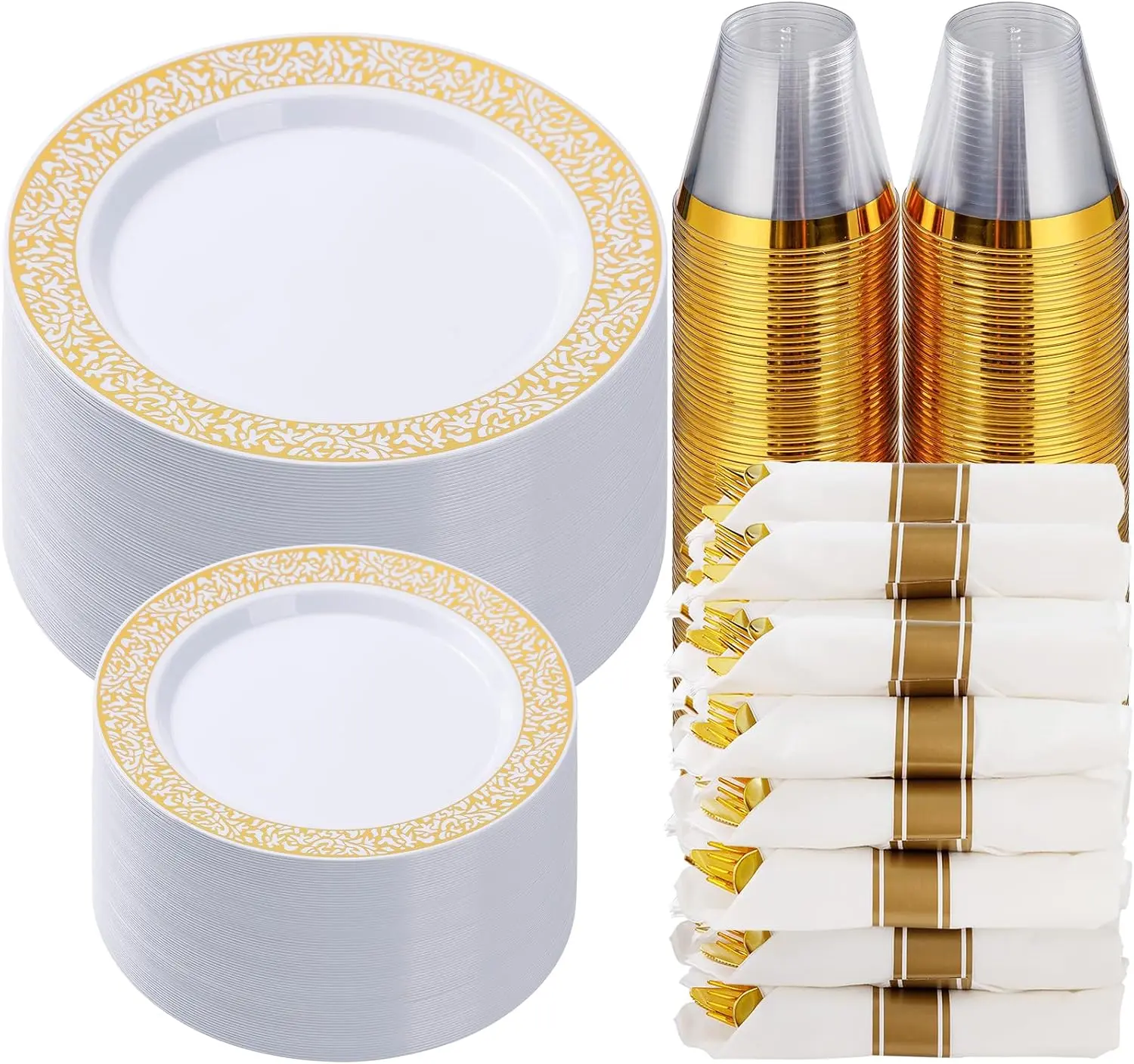 350 Piece Gold Plastic Dinnerware Set for 50 Guests, Disposable Lace Dishes for Thanksgiving, Include: 50 Gold Plates, 50 Dessert Plates Disposable, 50 Pre Napkins with Silverware, 50 Cups
