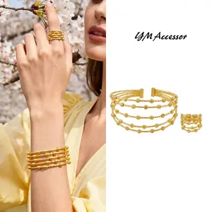 YM Open-End Bead Bracelet & Ring Set 18K Gold Plated Hypoallergenic Jewelry for Everyday Wear Boho Classic Y2K Styles