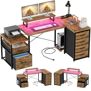 Unikito 70.8" Reversible L Shaped Computer Desk with Fabric File Drawers, Corner Desk with RGB LED Light & Power Outlets & Monitor Stand, Large Gaming Desk for Home Office Workstation