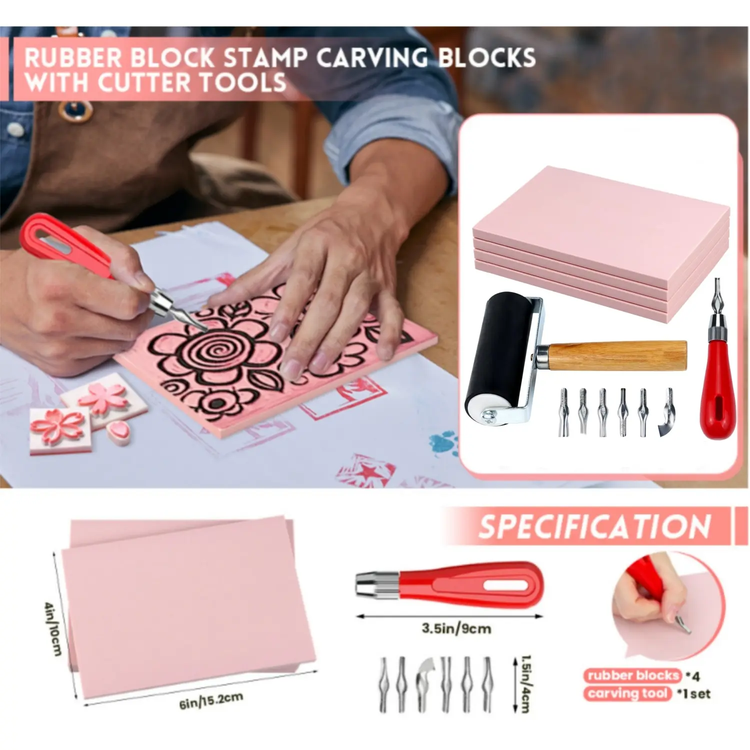 Artistic Rubber Stamping Kit Set Tools - 1 Set with 6 Interchangeable Blades, 6x4 in Size, Easy-Carving Plastic Stamp Making Kit for Linoleum Rubber Blocks Crafting, with Reliable Customer Service