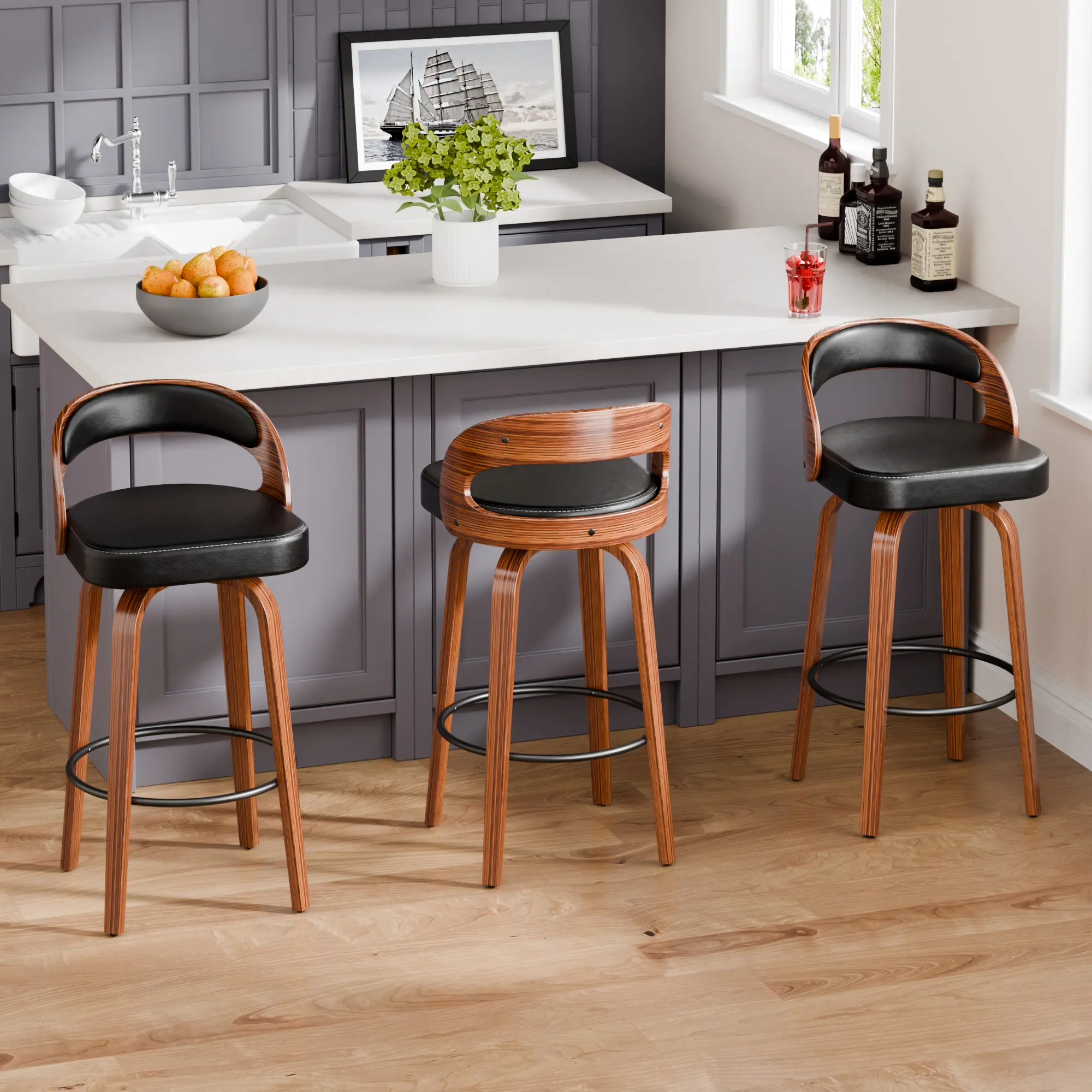 AHB Adjustable Swivel Stools - Swivel Counter-Height Faux Leather Bar Stools with Solid Wood Arms, Back, and Upholstered Seats, Modern Indoor Kitchen Island Chairs, Swivel Feature homeessentials