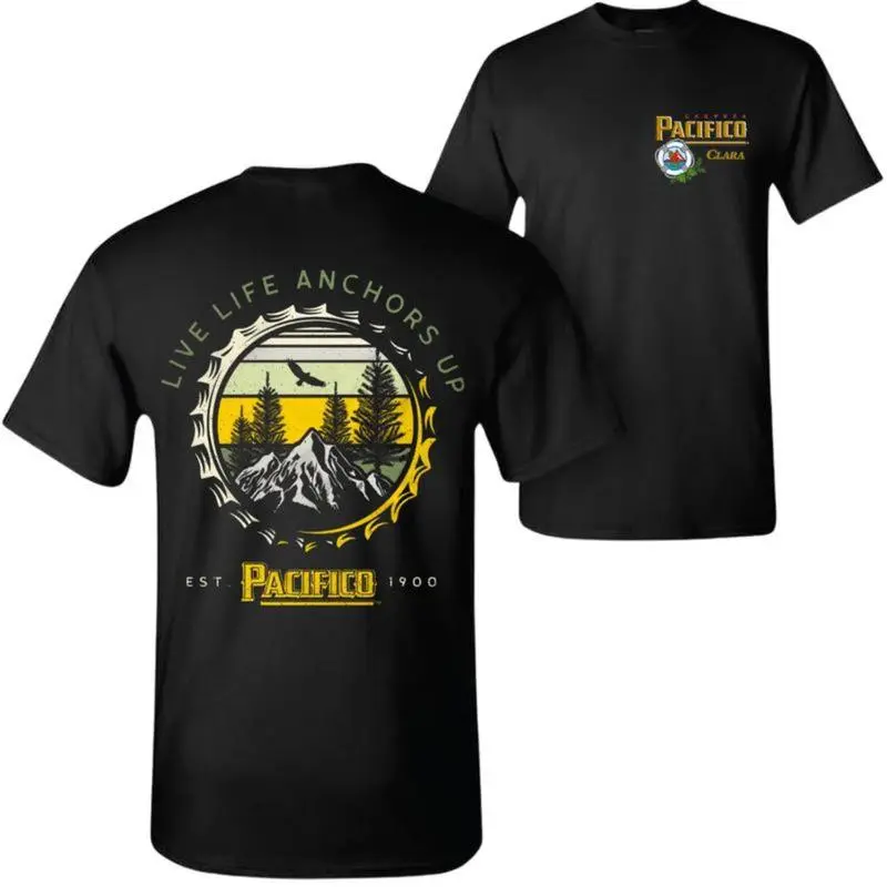 Pacifico Beer 2-Sided Graphic Tee - Live Life Anchors Up Mountain Design, Cotton Shortsleeve Round Neck Top, Gift for Outdoor Lovers, Men's Women's Casual Streetwear Moisture Wicking Crew Neck Undershirt
