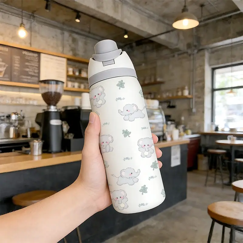 32oz Dual Drink Sports Water Bottle, Simple Elephant Pattern, Stainless Steel Large Capacity Insulated Travel Drinkware Tumbler, Perfect Gift for Women