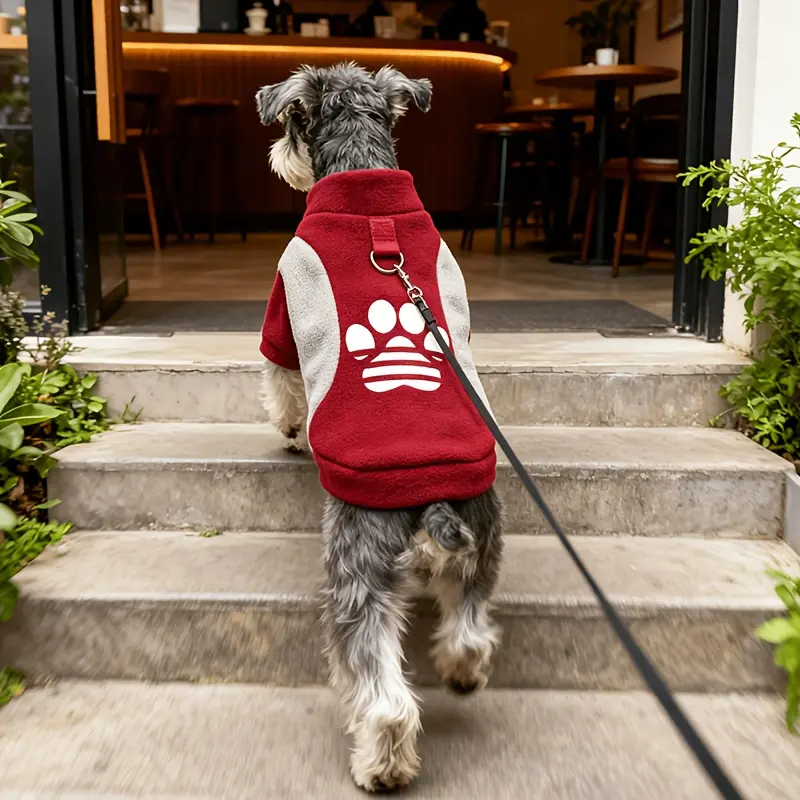 Cute Paw Print Dog Fleece/Warm Pet Clothes with Leash Ring/Cozy Winter Pullover for Small Dogs And Cats