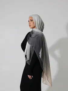 Women's Elegant Gradient Print Hijab Scarf, Soft Cotton Headscarves, Muslim Daily Wear Long Shawl, Fashionable Beach Wrap
