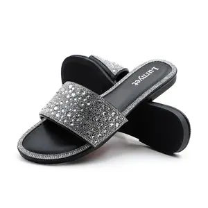 Women's Sparkly Glitter Rhinestone Flat Sandals One Band PU Leather Slide Open Toe Footwear Girl Fashion Comfortable Slip On Summer Casaul Dress Shoes for Wedding Party Daily Wear