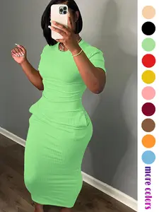 Threaded elastic solid color dress, breathable elastic multicolored party casual outing travel solid pocket long dress, solid color long dress, long dress, summer dress, Casual Wear, Womenswear