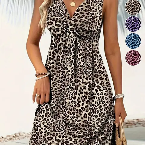 Women's Chic Leopard Print Sleeveless V Neck Dress, Bohemian Summer Dresses, Resort Dress, Casual Wear, Womenswear, Casual Beach Sundress, Boho Sundresses, Beach Style Dress
