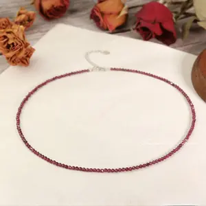 Tiny Red Garnet Gemstone Beaded Minimalist Choker, Dainty Gemstone Beaded Necklace for Women, Waterproof Crystal Choker, Healing Jewelry