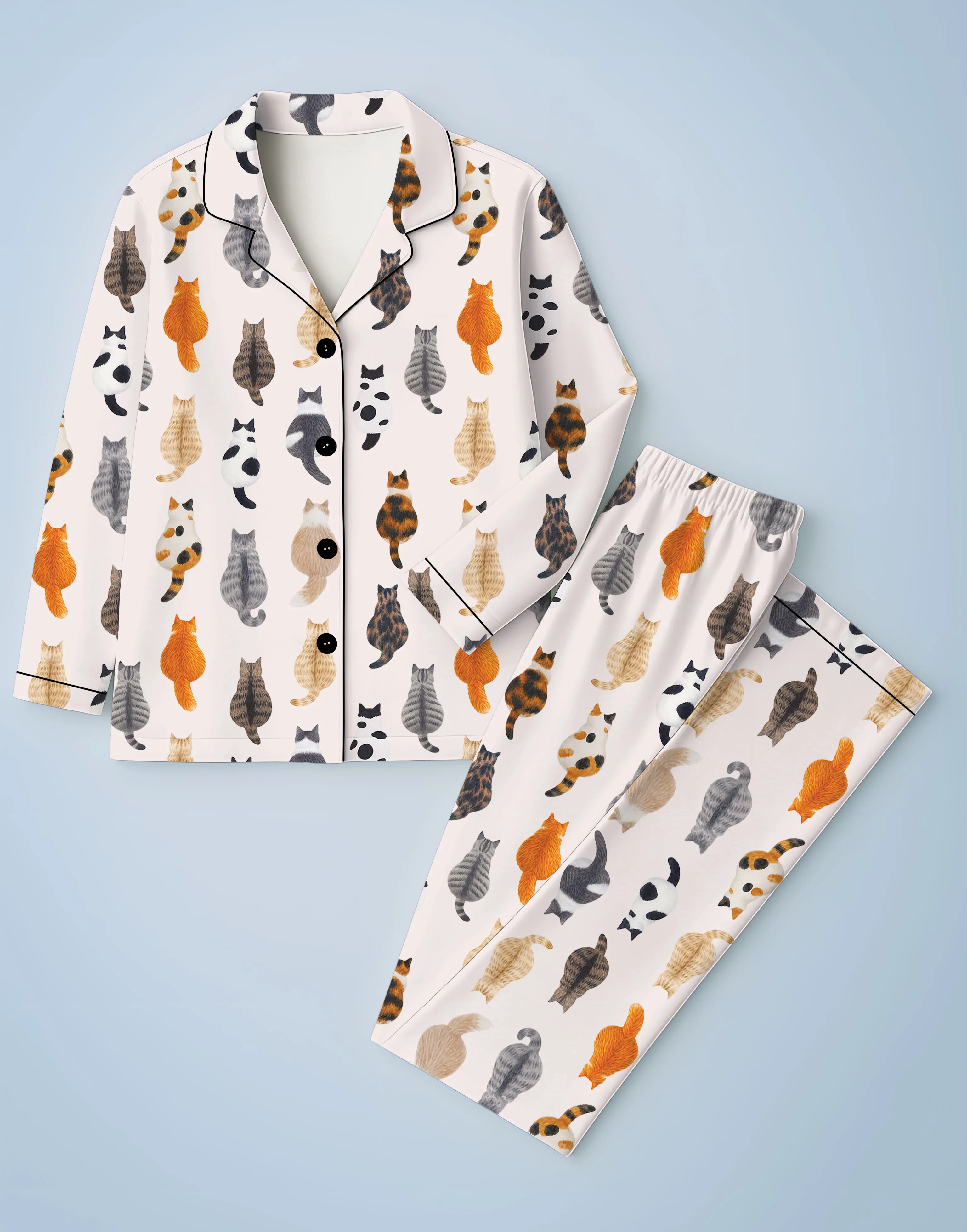 Lady's 2-Piece Polyester Cute Cat Print Pajama Set - Long Sleeve Lapel Top, Elastic Adjustable Pants, Comfortable Everyday Style Fall Winter Sleepwear & Casual Home Wear, Glossy