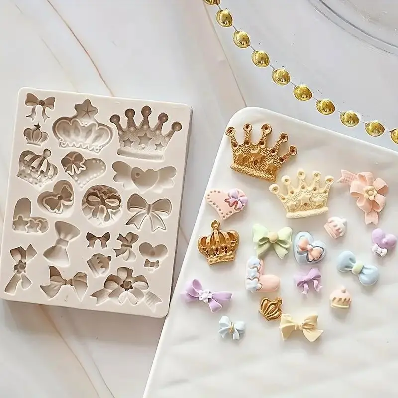 Random Color Mini Crown Bow Fondant Mold, 1 Count Silicone Cake Decorating Mold, Non Toxic Bakeware, Baking Tools, Chocolate Mold, Baking Cake Tool for Home Kitchen, Baking Supplies, Silicone Molds