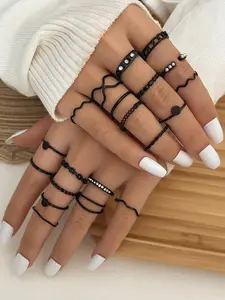 20pcs/set Faux Pearl Decorated Twist Wave Design Ring, Simple Plain Hollow Out Rhinestone Decor Ring, Statement Multi Ring, Stacking Rings, Fashion Accessories For Women & Girls, Elegant Rhinestone Ring