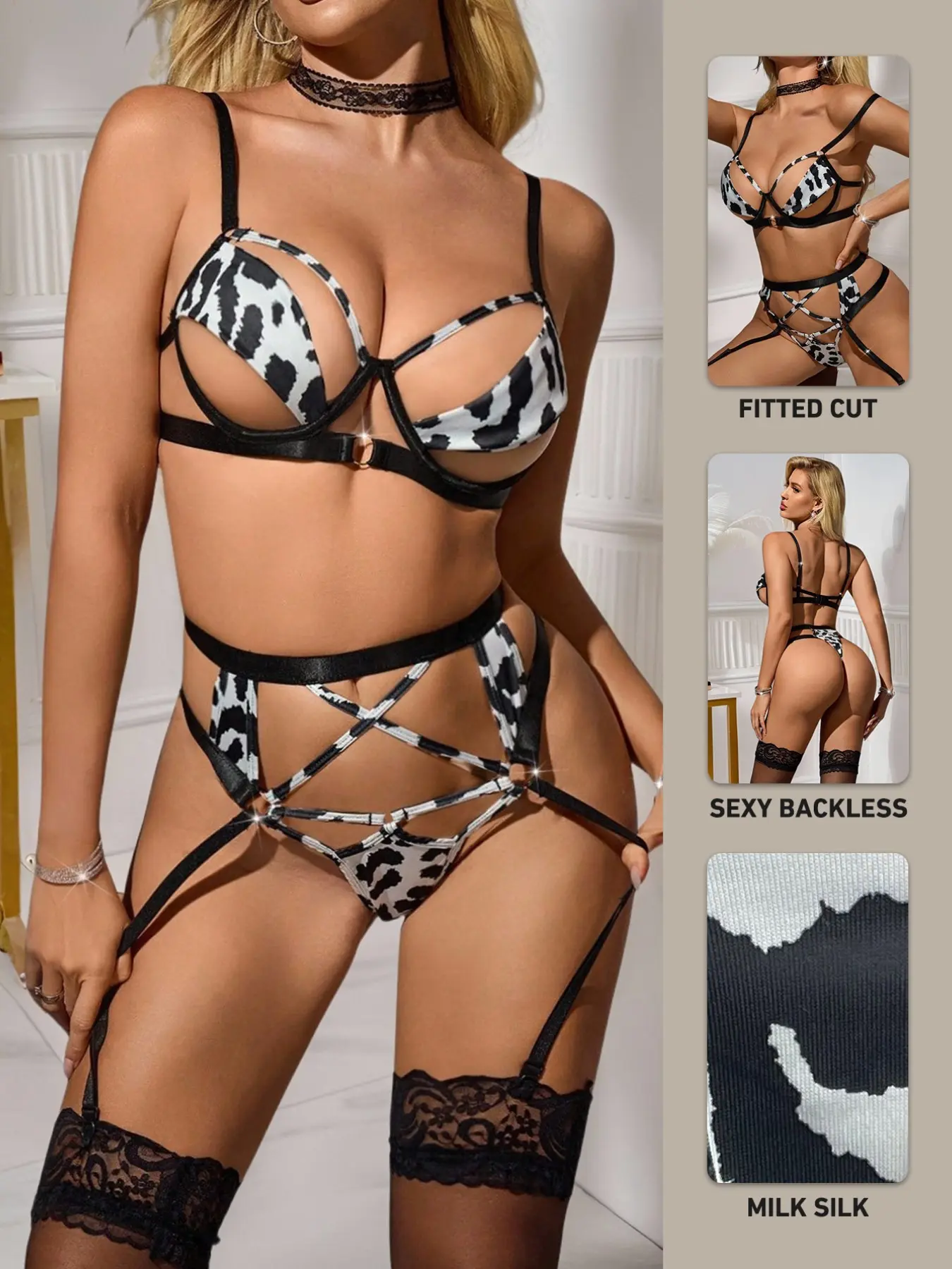 Women's Sexy Matching Bralette Set with Steel Ring, 4-Piece Lingerie Kit Including Bras & Panties, Silky Smooth Silk Texture, Medium Support, All Seasons