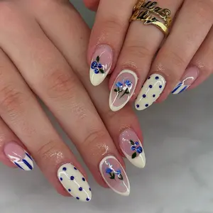 24pcs Press-On Nails Set, Blue French Style, Almond Shape, Polka Dot Raspberry Flower Design, Includes Jelly Glue & File