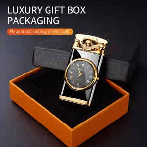 Vintage Clock Lighter Windproof Dual Flame, Adjustable Blue Torch Flame Refillable Butane Lighter with Analog Watch Design, Retro Luxury Lighter Gift for Men