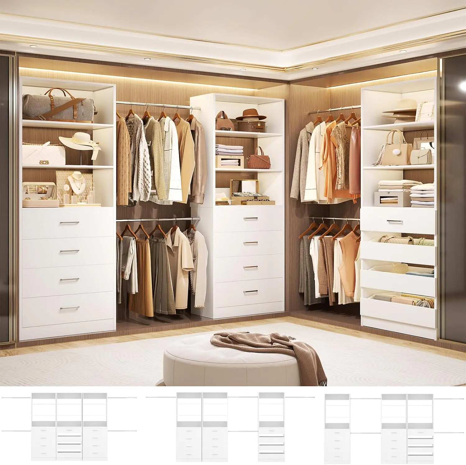 Cyclysio 8.5-11.5Ft 3-Piece Reversible Freestanding Wardrobe - L-Shaped/Straight Closet Organizer with Adjustable Expandable Rods, 12 Wood Drawers, Closet Storage for Dorm Room Small Room Ideas, Clean Look Dorm Finds, Bedroom Apartments, Assembly Required