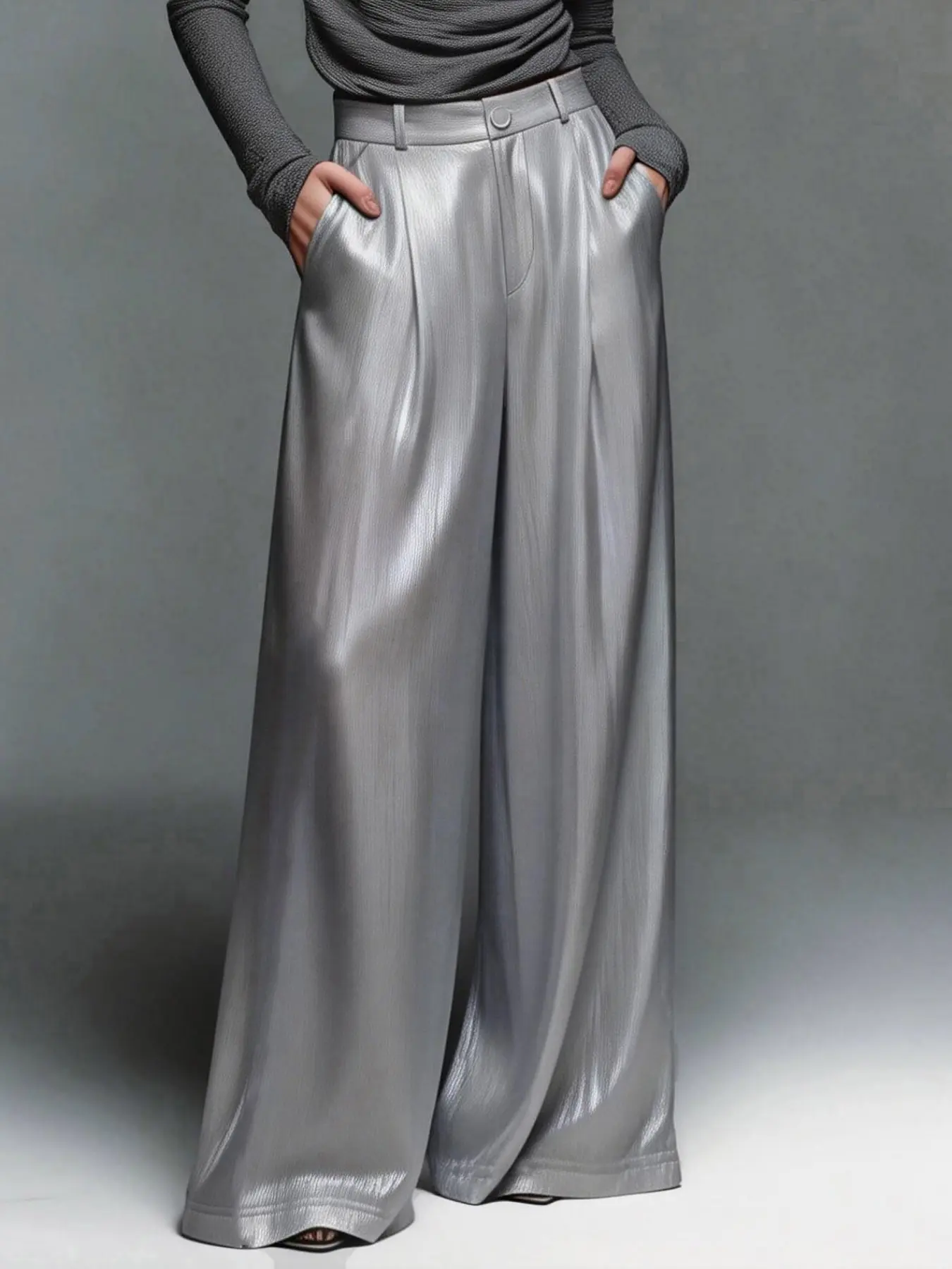 Elegant Women's Wide Leg Pants, Silver Color Metal Finish, Side Pockets, Simple Design, Urban Commute Fashion, Long Trousers, Chic