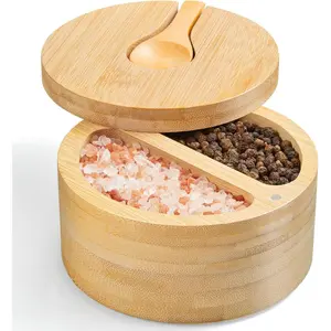 2-Compartment Salt Box with Lid and Spoon,  Salt Cellar with Swivel Lid, Salt and Pepper Bowls for Salt & Spices, Dual 6 oz Salt Container