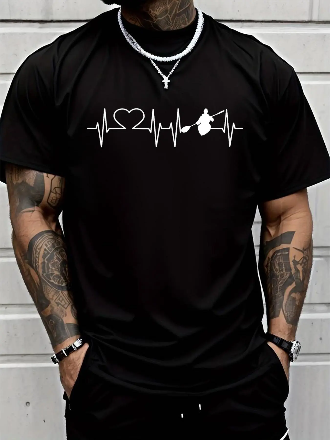 100% cotton Heartbeat Kayak T Shirt Canoeing T-Shirt River Canoe Tee T-Shirt Printed T-shirt, Short-sleeved Crew Neck Casual Top, Suitable For All Seasons, Men's Wear