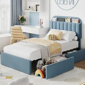Twin Bed Frame for Kids, Boucle Upholstered Platform Bed for Boys with 2 Flexible Drawers, Bookcase Headboard, Noise-Free, Easy Assembly, No Box Spring Needed, Blue