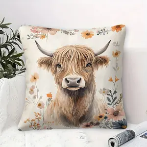 Highland Cow Digital Print Throw Pillow with Inner Cushion, 45cm Square Accent Pillow, Featuring Shaggy Brown Fur & Floral Designs in Soft Peach, Pink, Orange & Blue, Perfect for Cozy Living Rooms or Sofas, Trendy Home Decor, Creative Decorative Cushion