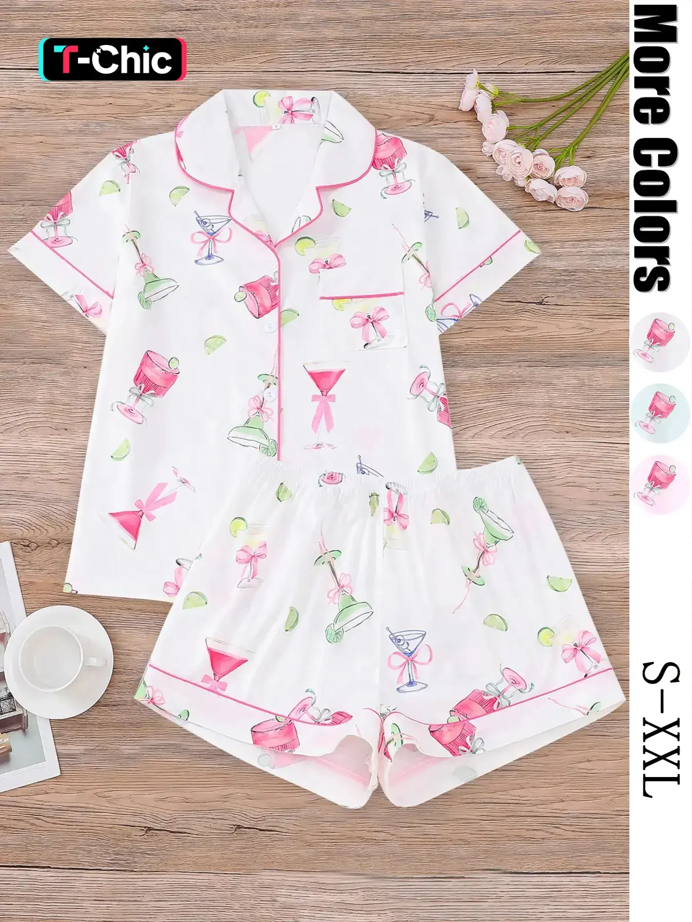 Women's All-Over Cocktail Print Button Front Shirt & Elastic Waist Shorts Pyjama, Casual Comfy Pjs Short Sleeve Top & Shorts Pajamas Set, Ladies Sleepwear for All Seasons, Loungewear, Casual Pajamas Outfit, Collared Sleepwear