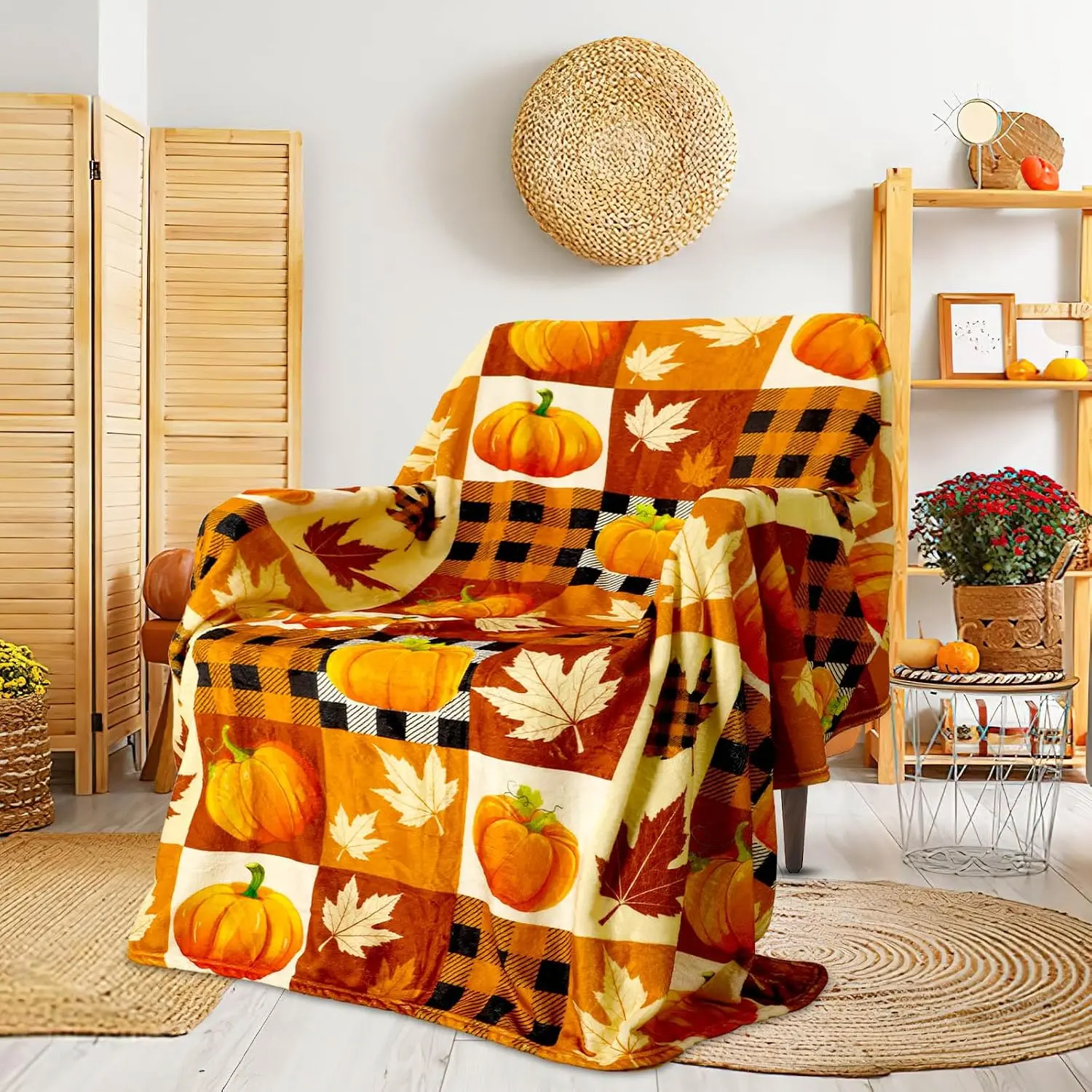 Pumpkin Harvest Rustic Ultra-Soft Breathable Plush Fleece Throw Blanket - Buffalo Plaid Graphic Print, Multi-Size, Fall Living Room Decor, Thanksgiving Home Cozying Gift, Plush Texture