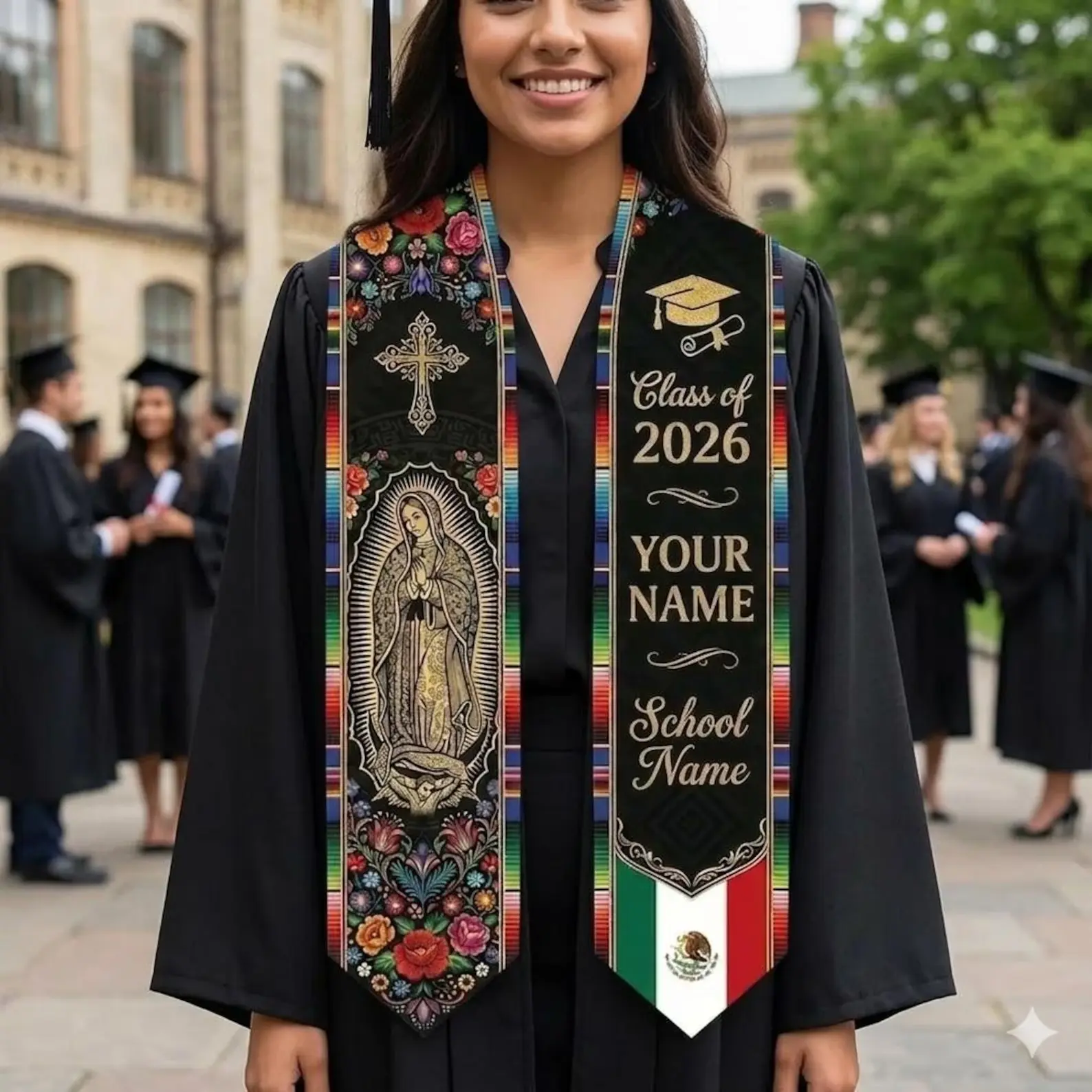 Personalized Mexican Graduation Stole 2026 – Floral Cultural Sash & Custom Name School Print & Mexican Grad Gift