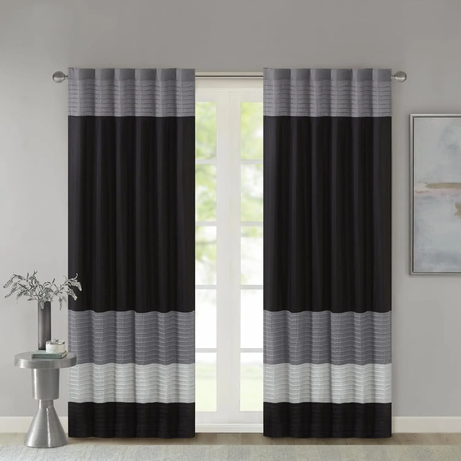 Madison Park Amherst Pintucked Modern Striped Faux Silk Rod Pocket Curtain Panels - Lined Curtains for Privacy, Machinewashable, 50x84", for Living Room, Bedroom (Do Not Iron), Mocha Stripe Look