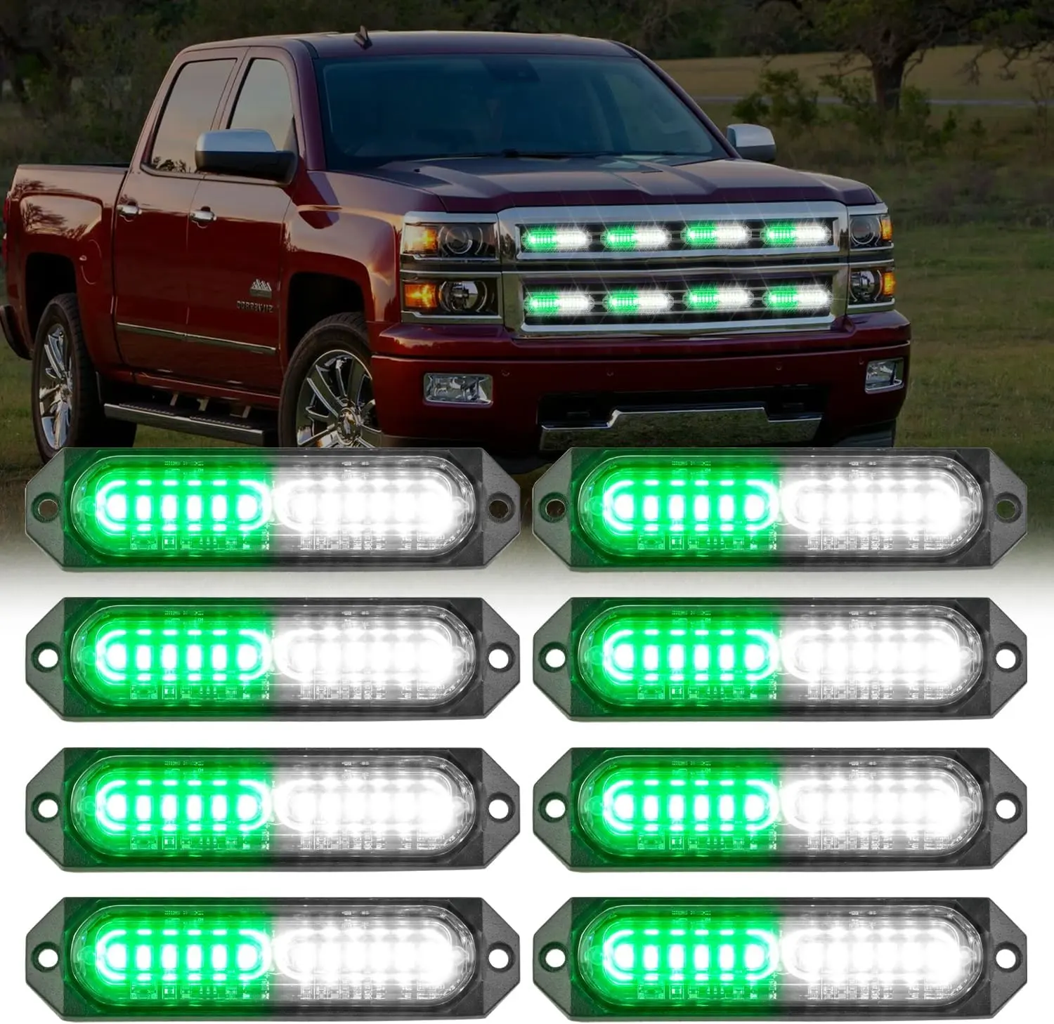 Nilight 8PCS 12LED Green-White Ultra Slim Surface-Mount Strobe Light Kit, 12V-24V Sync Flashing Emergency Lights for Vehicles, High Brightness Safety Lighting for Trucks (Father's Day Gift)