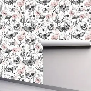 Gothic Skull Halloween Wallpaper Roll, Butterfly Leaf Pattern Wall Paper, peel and stick wallpaper, Self-Adhesive Waterproof Removable Contact Paper for Home Decor, wallpaper for bedroom, wallpaper for living room, Peel And Stick Wallpaper Designs