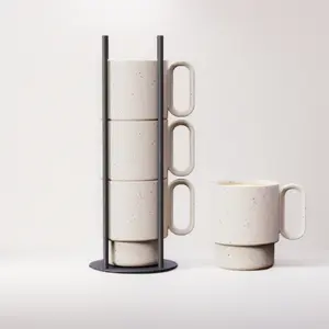 Stackable Coffee Mug Set with Black Stand - 4x8oz Ceramic Mugs with Unique Sprinkled Optics - Powder Coated Metal Rack - Dishwasher-Safe - Microwave & Oven - Scandinavian Minimal Design