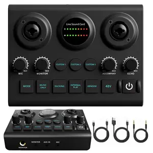 Audio Interface Recording Podcast Equipment, Audio Mixer with Sound Card, Sound Card Mixer with 48V Phantom Power, Suitable for Recording Singing Streaming Games