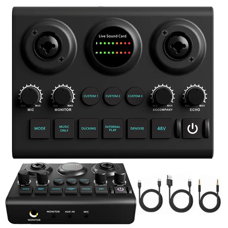 Audio Interface Recording Podcast Equipment, Audio Mixer with Sound Card, Sound Card Mixer with 48V Phantom Power, Suitable for Recording Singing Streaming Games, Live Sound Cards