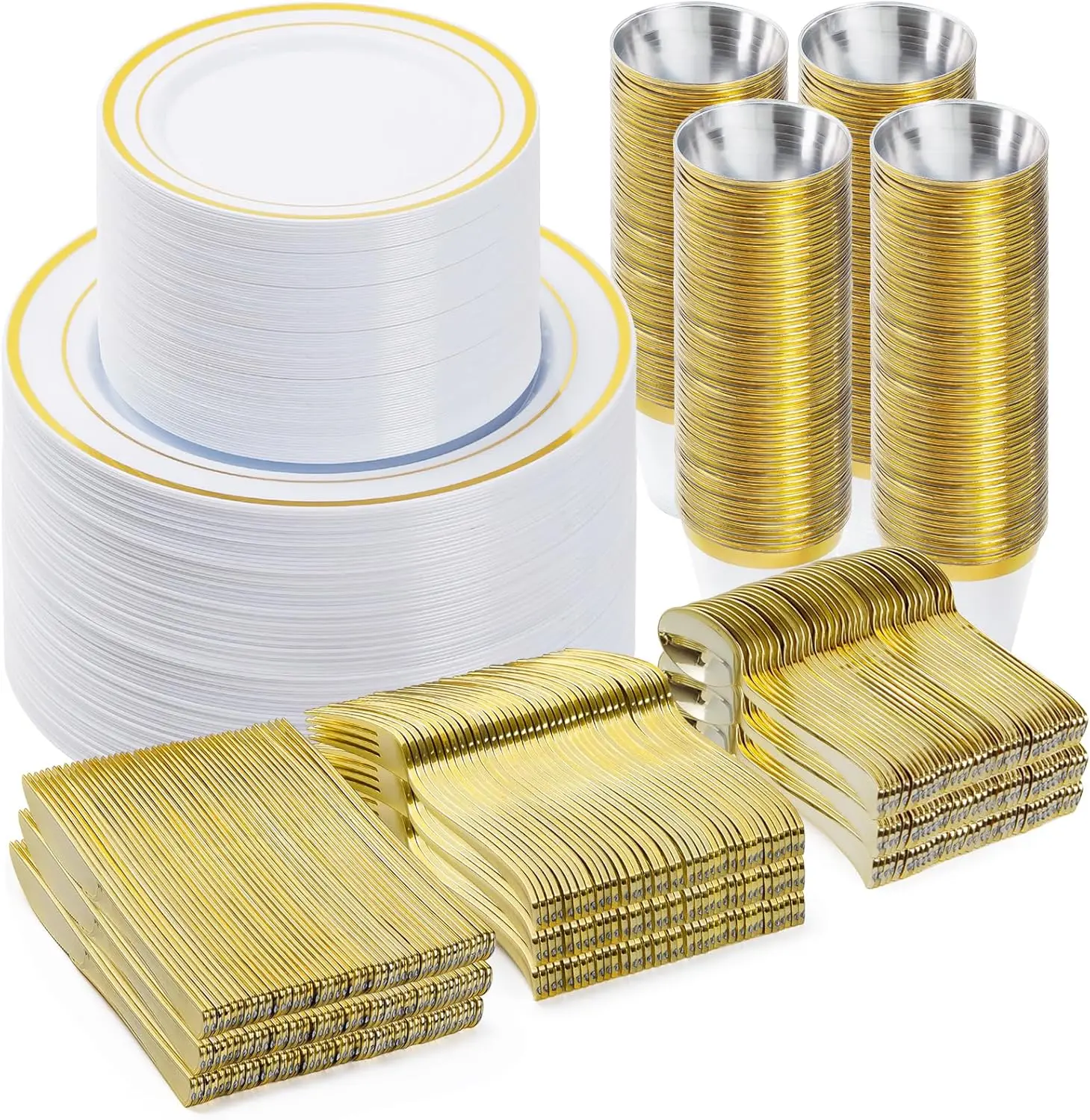 Wellife 600 PCS Disposable Elegant Plastic Plates Heavy-Duty Stripes Leak-Proof Gold Dinnerware Set - 300 Gold Silverware, 100 Cups for Party, Wedding Supplies