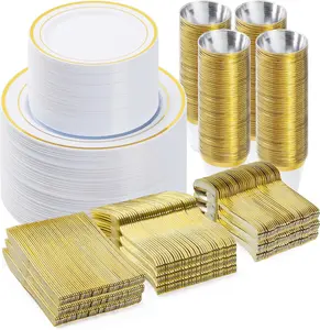 Wellife 700 PCS Perfect for Party,Wedding ,birthday, Gold Plastic Dinnerware Sets,, Inlcud: 100 Dinner Plates,100 Salad Plates,300 Gold Silverware Set,100 Cups for Party Supplies Tableware