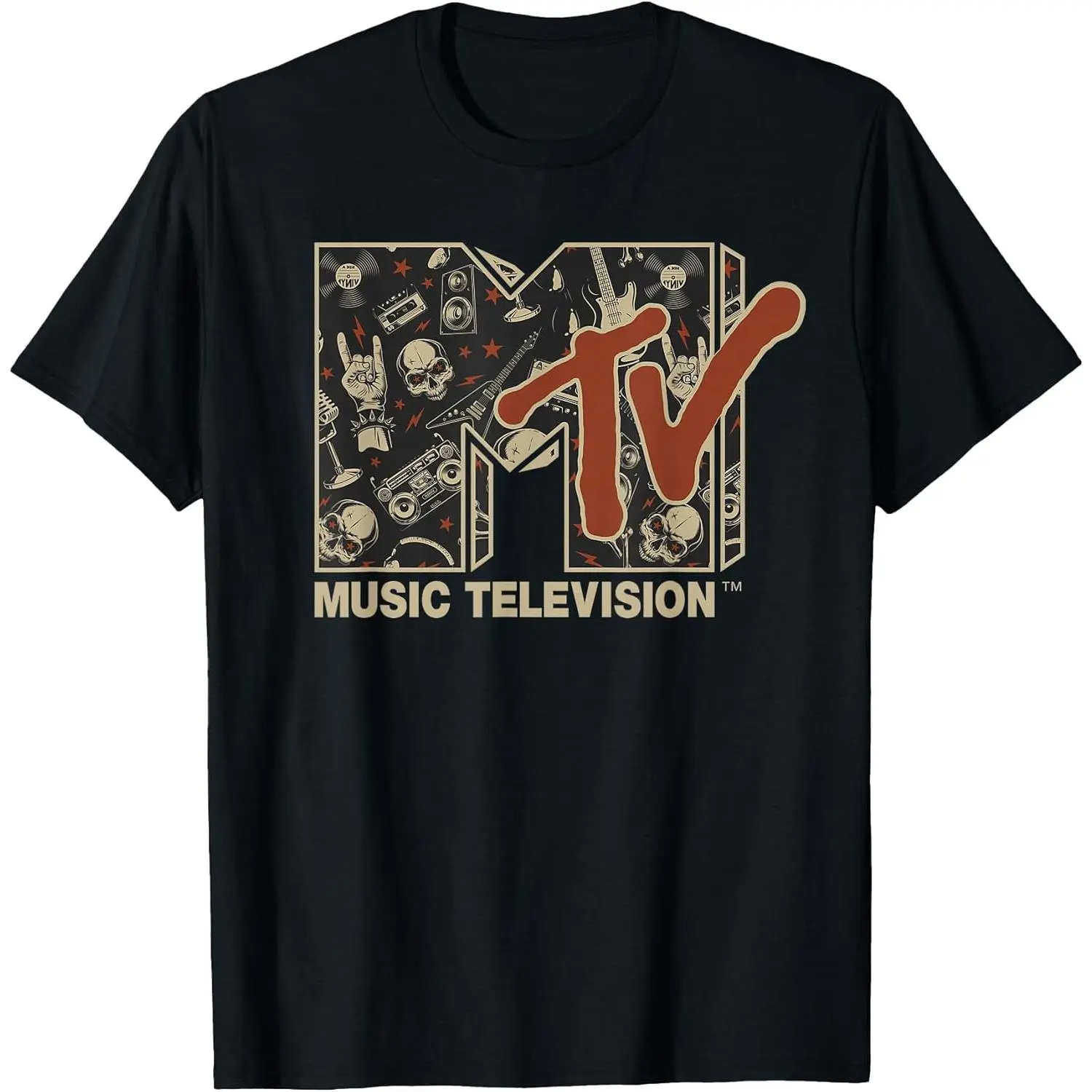 Men's Skull Guitar Graphic T-Shirt, Vintage Heavy Metal Rock Music Print, 100% Cotton Streetwear Top with Regular Fit, Tshirt, Shortsleeve, Outfits, Hem, Soft, Fabric, Casual, Menswear, Classic, Breathable, Double Stitching, Siblings, Round Neck, Mother's