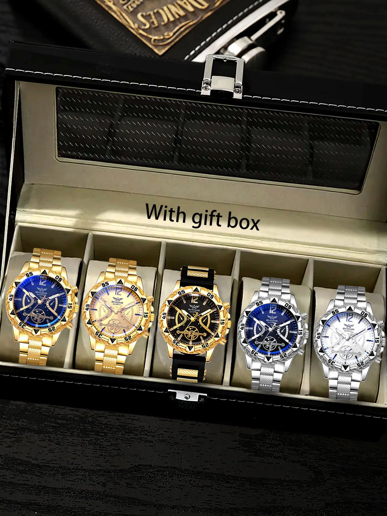 6-piece Business Men's Watch Set: Business Fashion Watches, Blue Light Large Dial, Silicone Strap, Analog Watches, Quartz Watch Wristwatch Set
