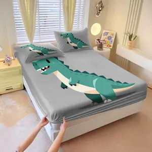 3Pcs Fitted Sheet Set, Cute Cartoon T-Rex Dinosaur Print with Neon Cyber Geometric Elements, Kawaii Styles, Soft Microfiber Material, Deep Pocket Design, Wrinkle & Fade Resistant, Durable Bedding Accessories, Soft Bed Sheets