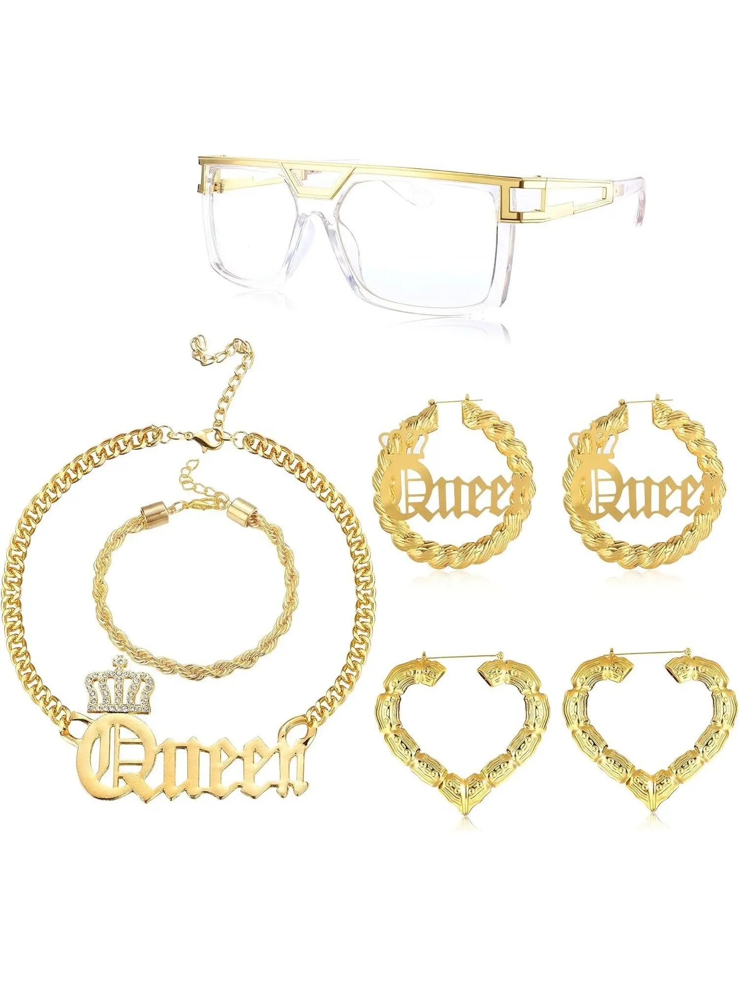 7 Pcs Golden Trendy Hip Hop Elegant Fashionable Jewelry Set for Women Men 80s/90s Queen Costume Kit Sunglasses Bamboo Hoop Earrings Cuban Chain Necklace Bracelet Rapper DJ Accessories