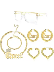 7 Pcs Golden Trendy Hip Hop Elegant Jewelry Set for Women Men 80s/90s Queen Costume Kit Sunglasses Bamboo Hoop Earrings Cuban Chain Necklace Bracelet Rapper DJ Accessories