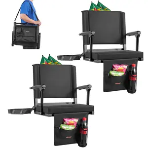 【FathersDayGift】VEVOR Stadium Seat, Portable Bleacher Seat with Armrest, Back Support and Thick Cushion, Bench Chair for Bleacher Includes Shoulder Strap, Hooks, Cup Holder, Black Football Bleachers Seats, 2PCS