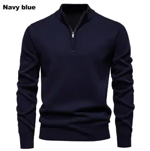 Men's Plain Quarter-Zipper Knit Pullover, Stand Collar Long-Sleeve POLO Sweatshirt, Versatile Tops for Daily Commuting & Trendy Casual Menswear