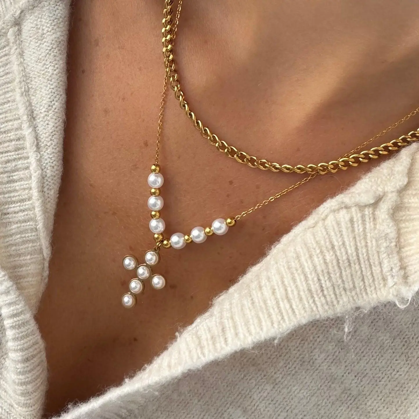 EVRY JEWELS Gold or Silver Plated Women's Hypoallergenic Pearly Blessing Cross Double Layered Necklace