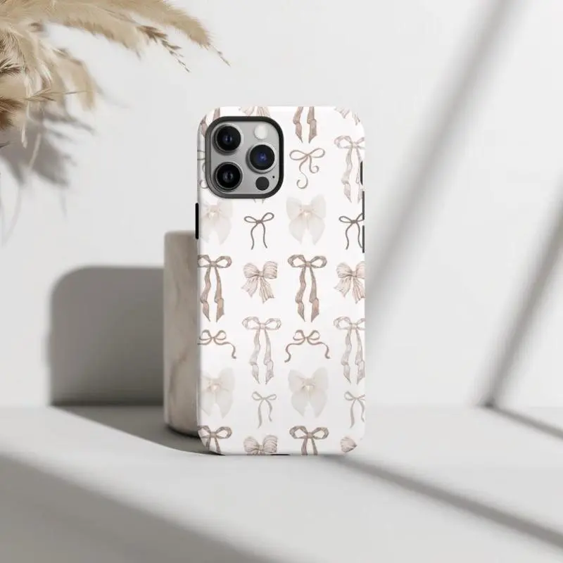 Light Brown Bow Pattern Durable Shock Absorbing Two in One Mobile Phone Case for iPhone 17 16 15 14 13 12 11 and Other Series Models Soft Touch Gift Ready
