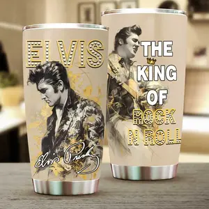 Elvis Presley Gold King of Rock and Roll 20oz Tumbler, Vintage Elvis Fan Travel Mug Gift